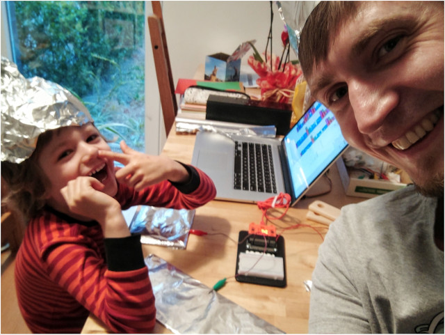 Tim and me having fun with micro:bit