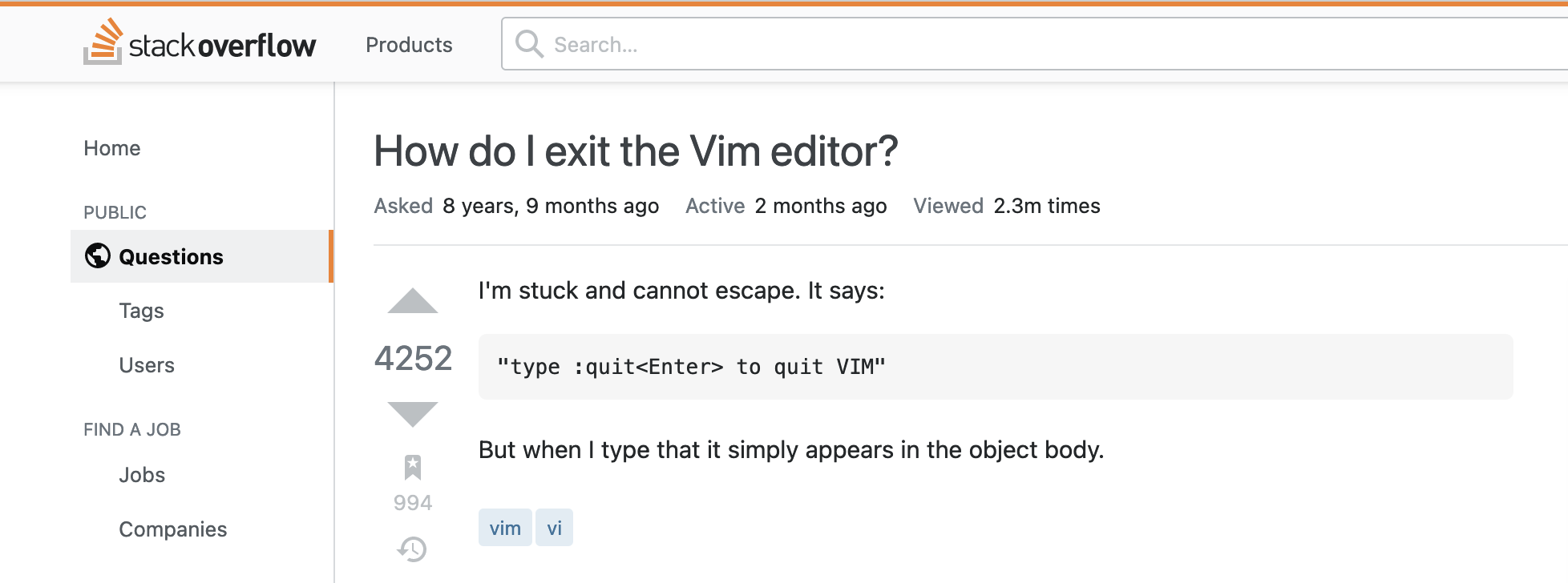 StackOverflow: How do I exit the Vim editor?
